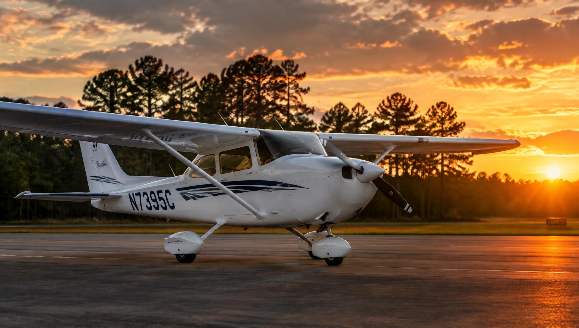 Training airplane on a runway at sunset